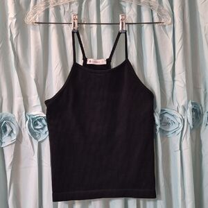 LASLULU Womens Cropped Ribbed Seamless Halter Work Out Black Sports Bra Sz S